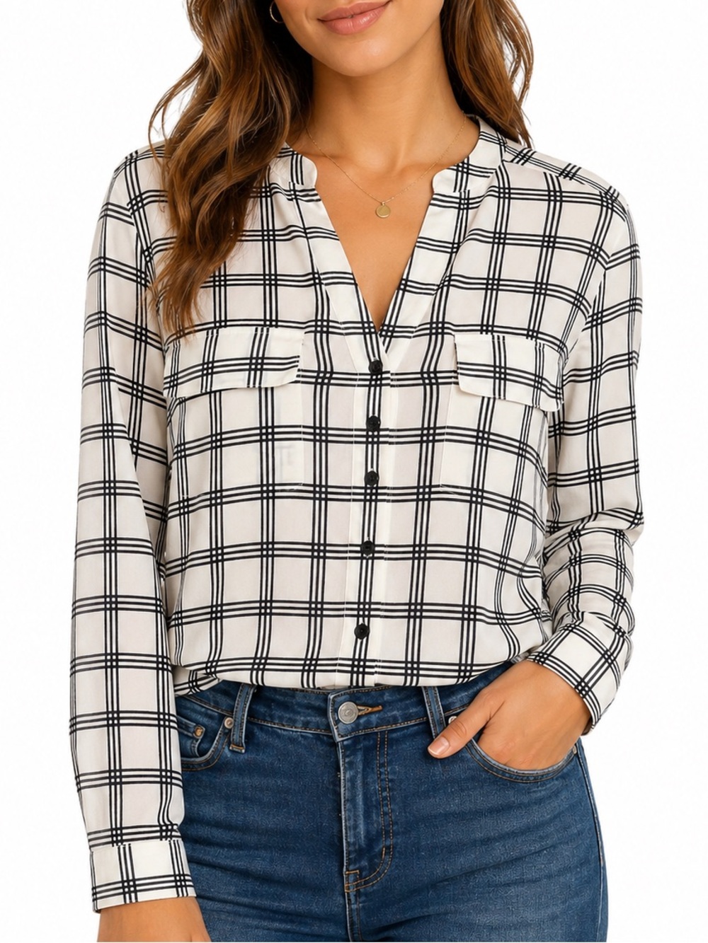 Calvin Klein Women’s Blouse L Black White Plaid Button Front Long Sleeve
